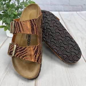 Birkenstock Arizona Double Strap Leather Sandals Metallic Copper Suede Sz EU 39